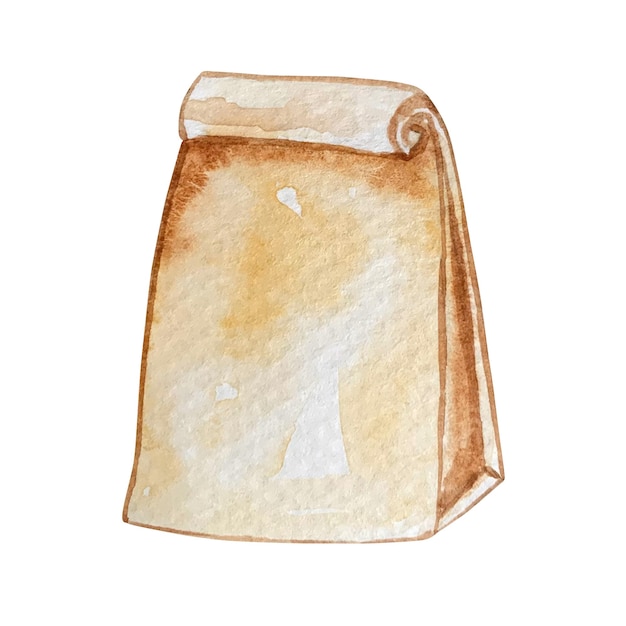 Watercolor illustration paper bag with breakfast