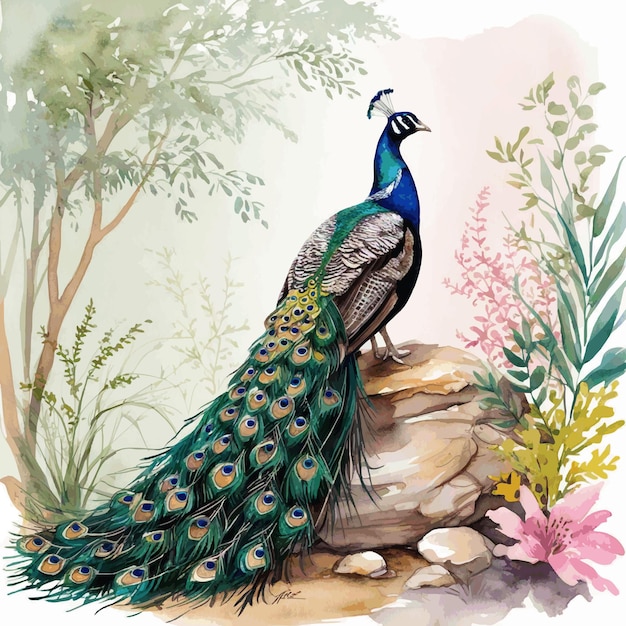 watercolor illustration of a peacock