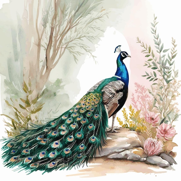 watercolor illustration of a peacock