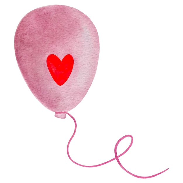 Watercolor illustration of a pink baloon with a heart print on a white background