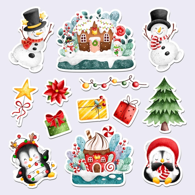 Watercolor illustration printable Christmas stickers