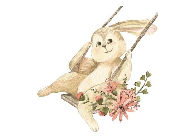 Watercolor illustration of a rabbit on a swing