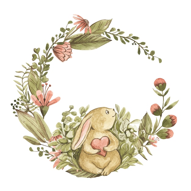 Watercolor illustration of a rabbit with a heart in his hands surrounded by grass and flowers