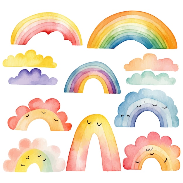 A watercolor illustration of rainbows and clouds.