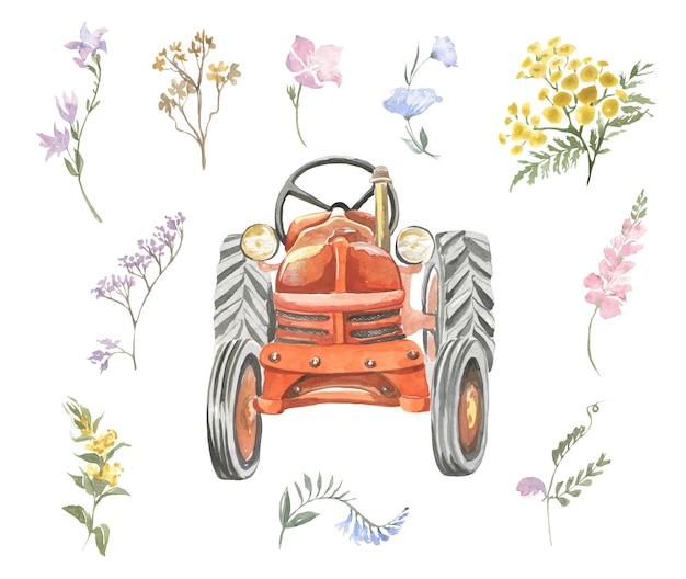 Watercolor illustration of red tractor with wildflowers