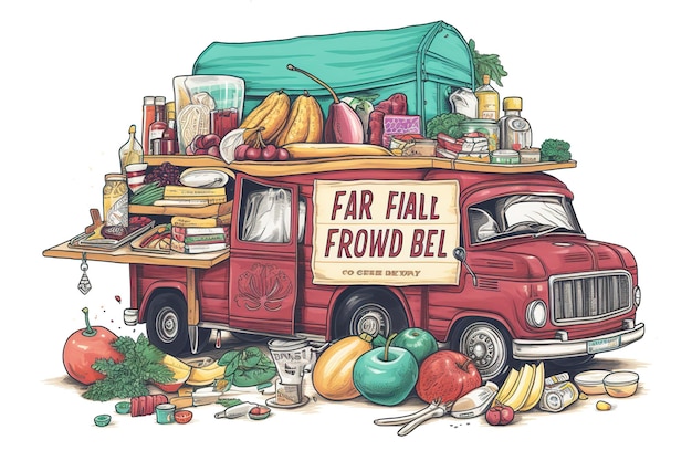 Watercolor illustration of a red truck with a harvest of pumpkins apples and sunflowers