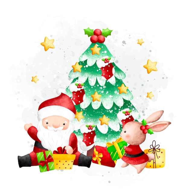 Watercolor Illustration Santa Claus and Christmas tree