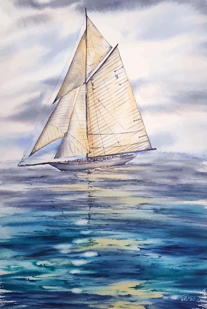 Watercolor illustration sea ocean yacht boat sailing