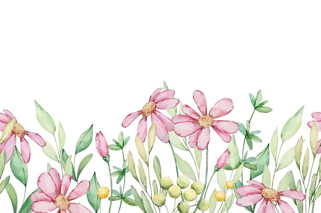 Watercolor illustration seamless border of pink flowersxA