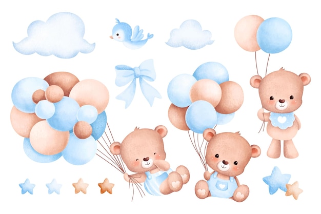 Watercolor Illustration set of baby bear and balloons