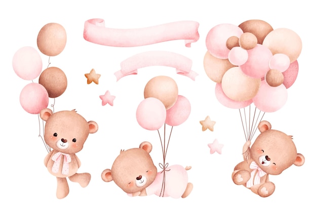 Watercolor Illustration set of baby bear and balloons