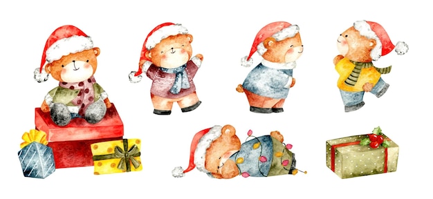 Watercolor Illustration set of Christmas Teddy Bear Character