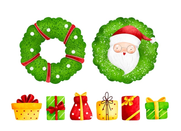 Watercolor Illustration set of Christmas wreath and gifts