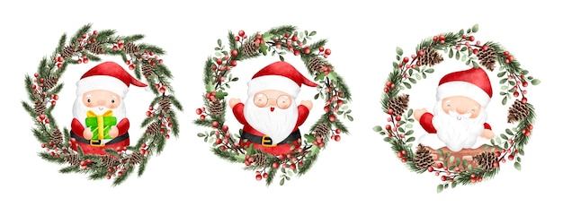 Watercolor Illustration set of Christmas Wreath with Santa Claus