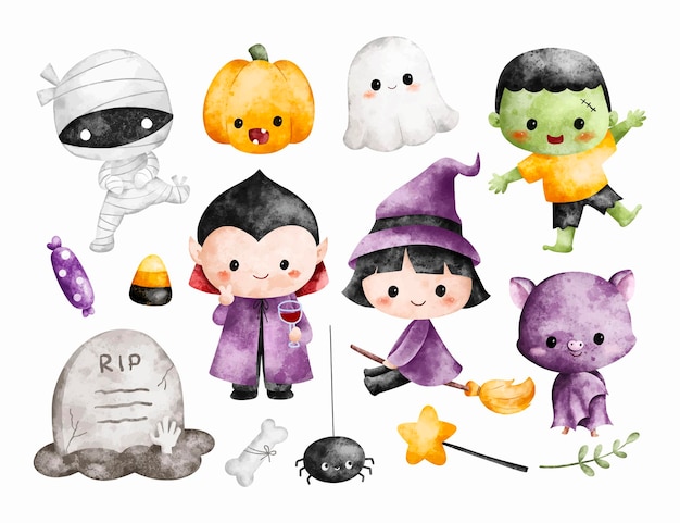 Vector watercolor illustration set of cute halloween characters and elements