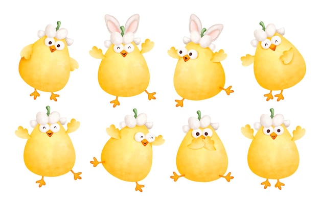 Watercolor Illustration set of Easter Chick