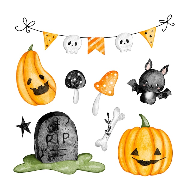 Vector watercolor illustration set of halloween clipart