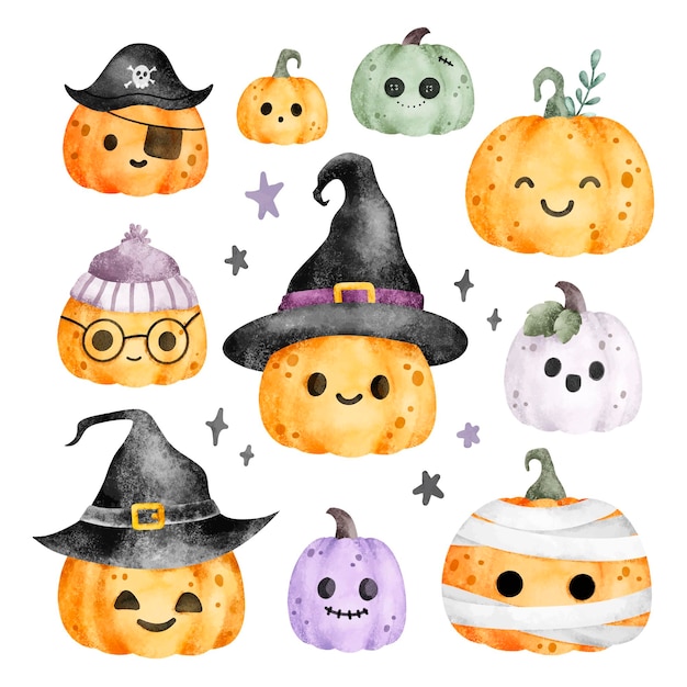 Vector watercolor illustration set of halloween pumpkin character