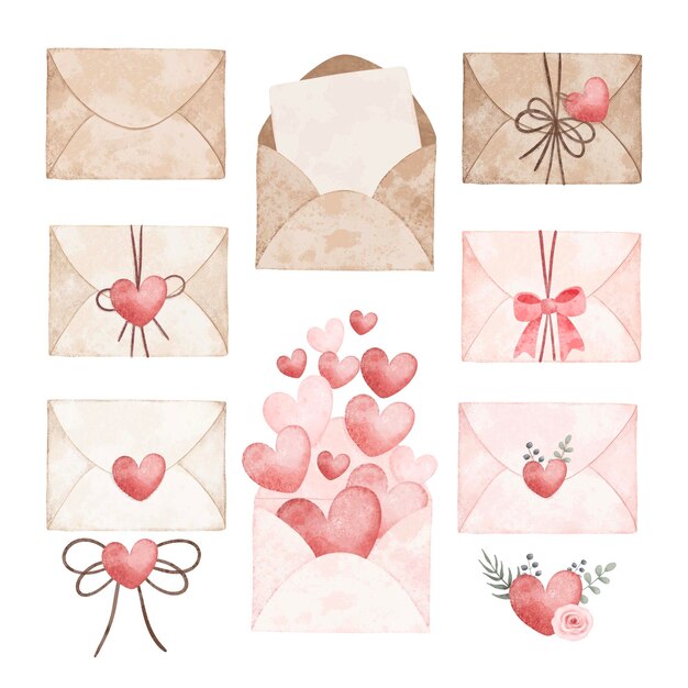 Vector watercolor illustration set of letter with paper and red heart