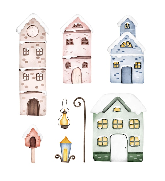 Watercolor Illustration set of little house in winter season