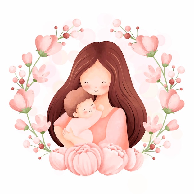 Watercolor Illustration set of Mother and baby