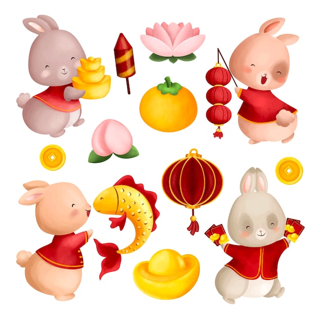 Watercolor Illustration Set of Rabbit year and Chinese New Year ornaments