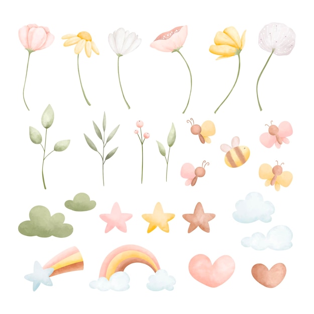 Watercolor Illustration set of spring flower and elements