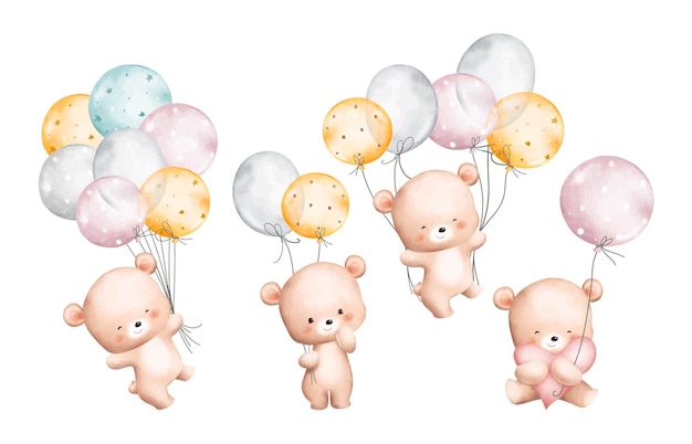 Vector watercolor illustration set of teddy bears and balloons