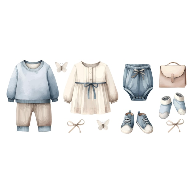 Watercolor illustration set with baby clothes and toys Isolated on white background