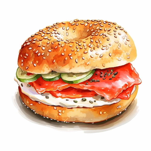 Watercolor illustration smoked salmon bagel sandwich at white background