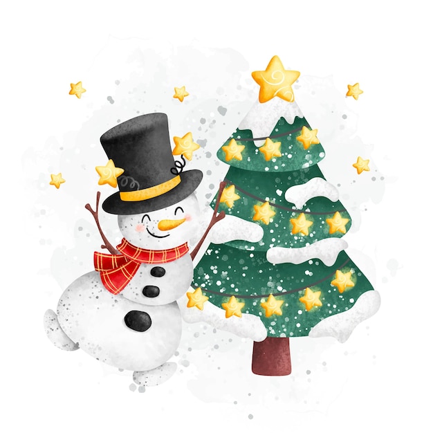 Watercolor Illustration Snowman and Christmas tree with Christmas ornaments