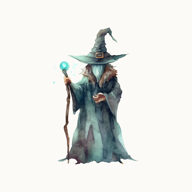 Watercolor illustration of a sorcerer with a magic staff