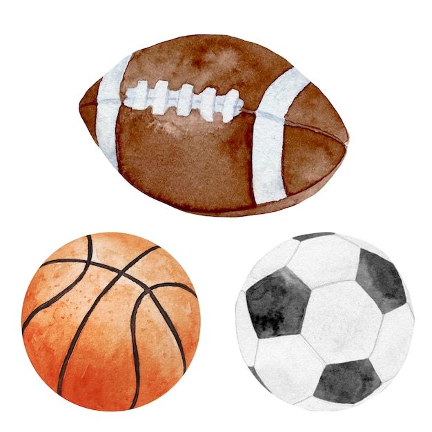 Watercolor illustration of sport balls set football soccer basketball and baseball