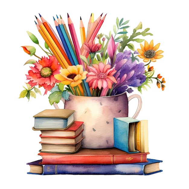 Watercolor illustration of a stack of books with pencils and flowers