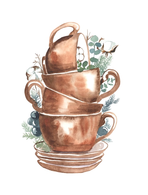 Watercolor illustration of a stack of brown cups with cotton