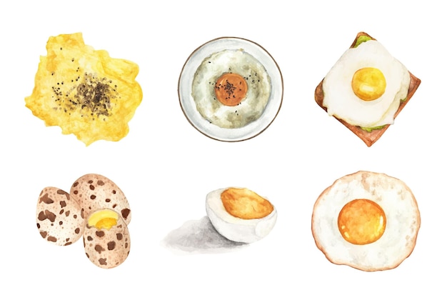 Watercolor illustration of tasty morning breakfast set made of eggs.