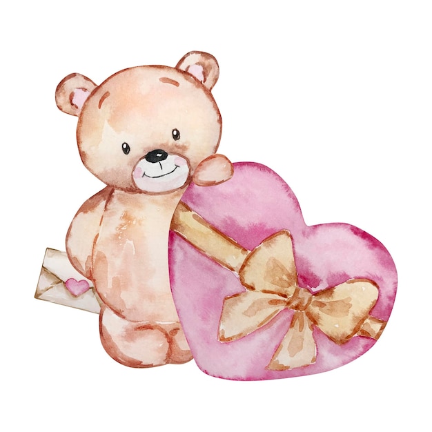 Watercolor illustration of Teddy Bear with heart Valentine's Day