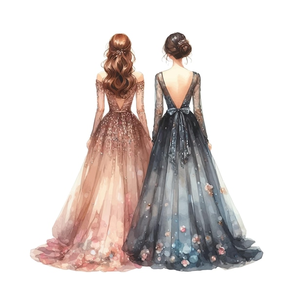 Watercolor illustration of two beautiful girls in elegant evening dresses High quality photo