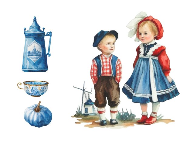 Vector watercolor illustration of two children in traditional dutch clothing in a field delft blue object