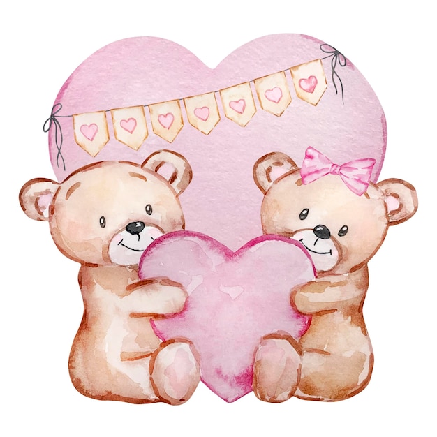 Watercolor illustration of two Teddy Bears with hearts Valentine's Day