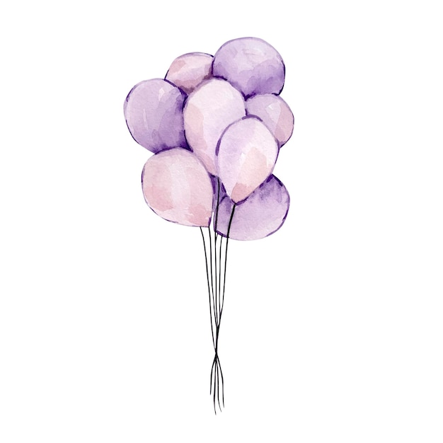 Watercolor illustration Valentine's day, air purple balloons