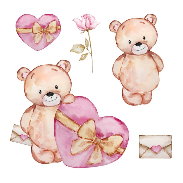 Watercolor illustration Valentine's Day cute Teddy bear