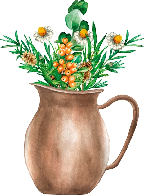 Watercolor illustration of a vase with flowers