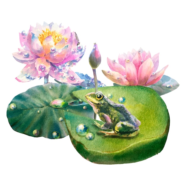 Watercolor illustration of water lily with dew drops and frog, isolated on white background.