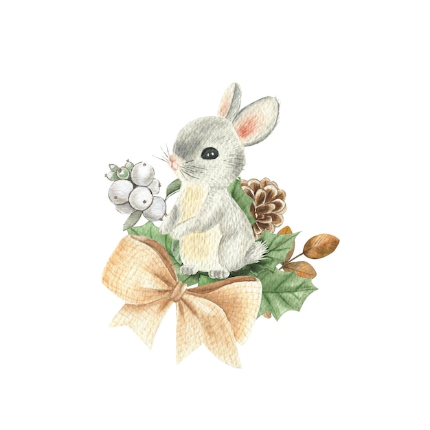 Watercolor illustration of a winter composition bunny.  New Year card.