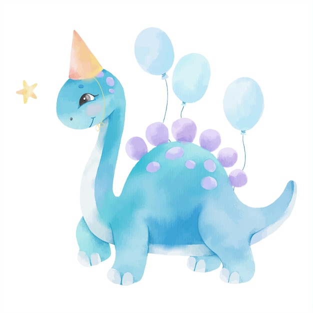 Watercolor illustration with cute dinosaur and balloons