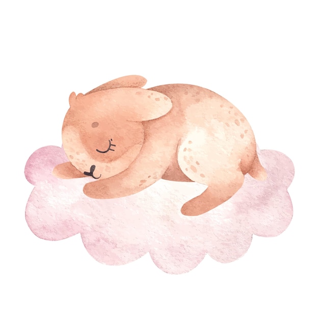 Watercolor illustration with cute rabbit sleeping on a cloud