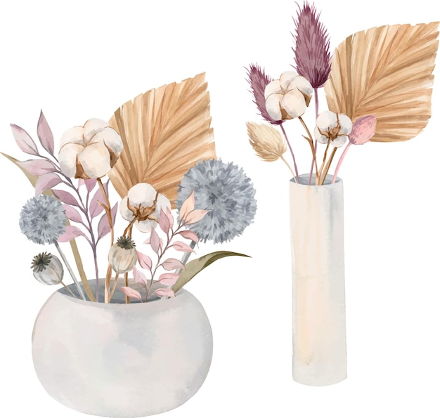 Watercolor illustration with dried flowers Dried flowers in a vase on a transparent background