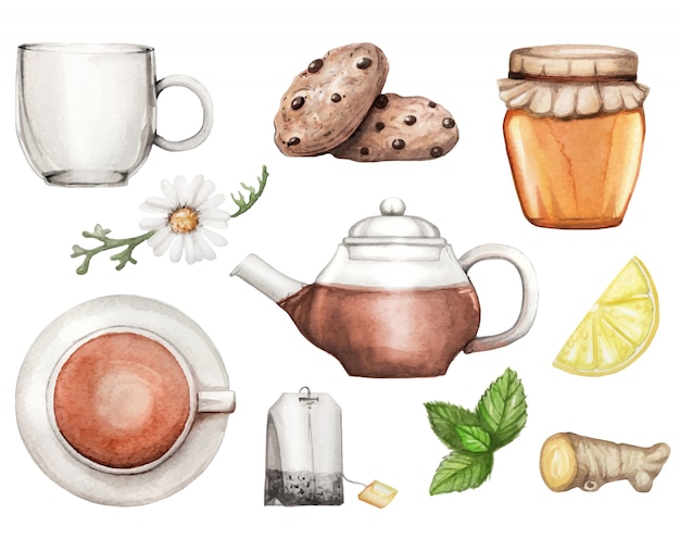 Watercolor illustration with tea set hand drawn 