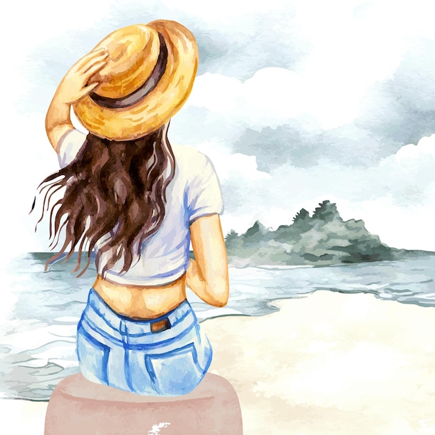 watercolor illustration of woman on the beach